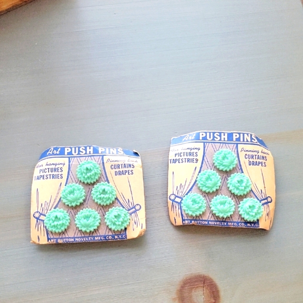 Vintage Plastic Art Push Pins in Mint Green - 2 Cards/ Lot of 10